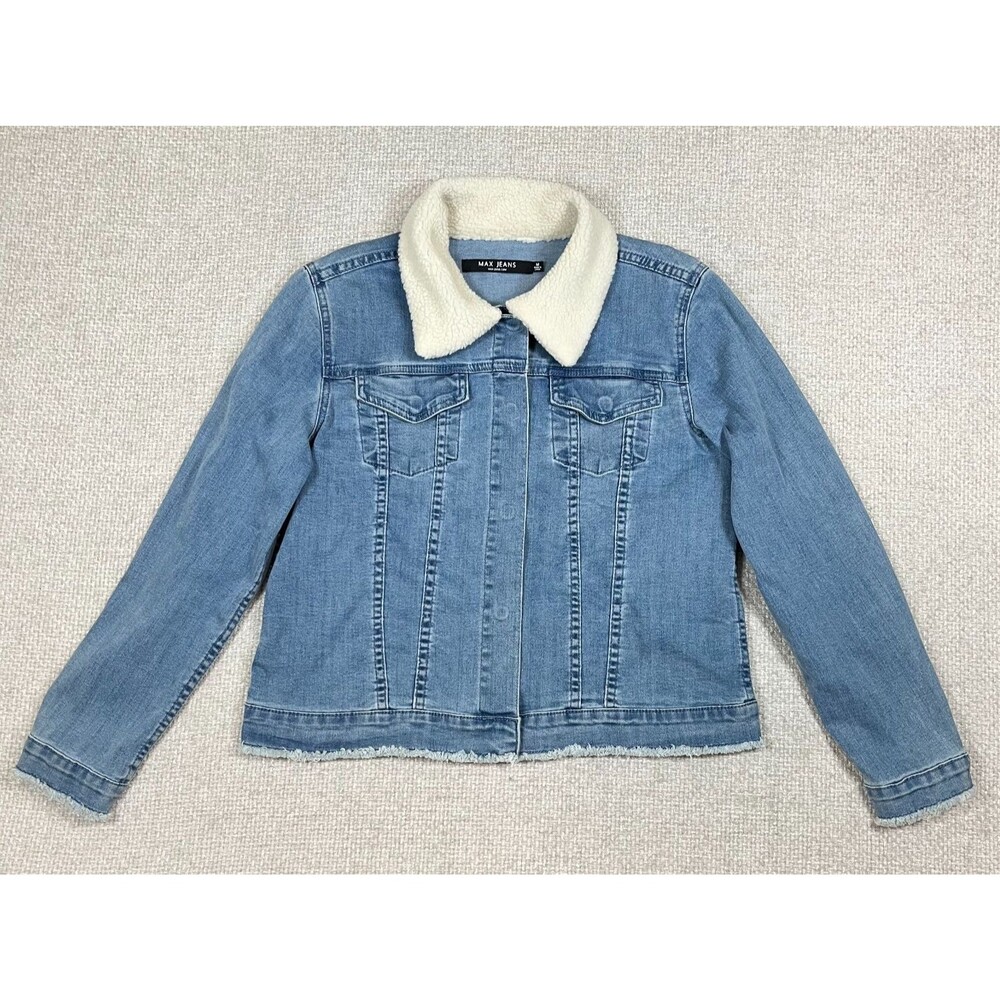 Max Jeans Denim Jacket Women's Medium Blue Fleece Collar Snap Buttons